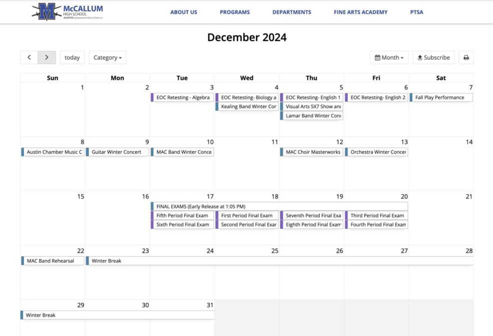 calendar of events for McCallum High School Fall 2024 Austin, Texas